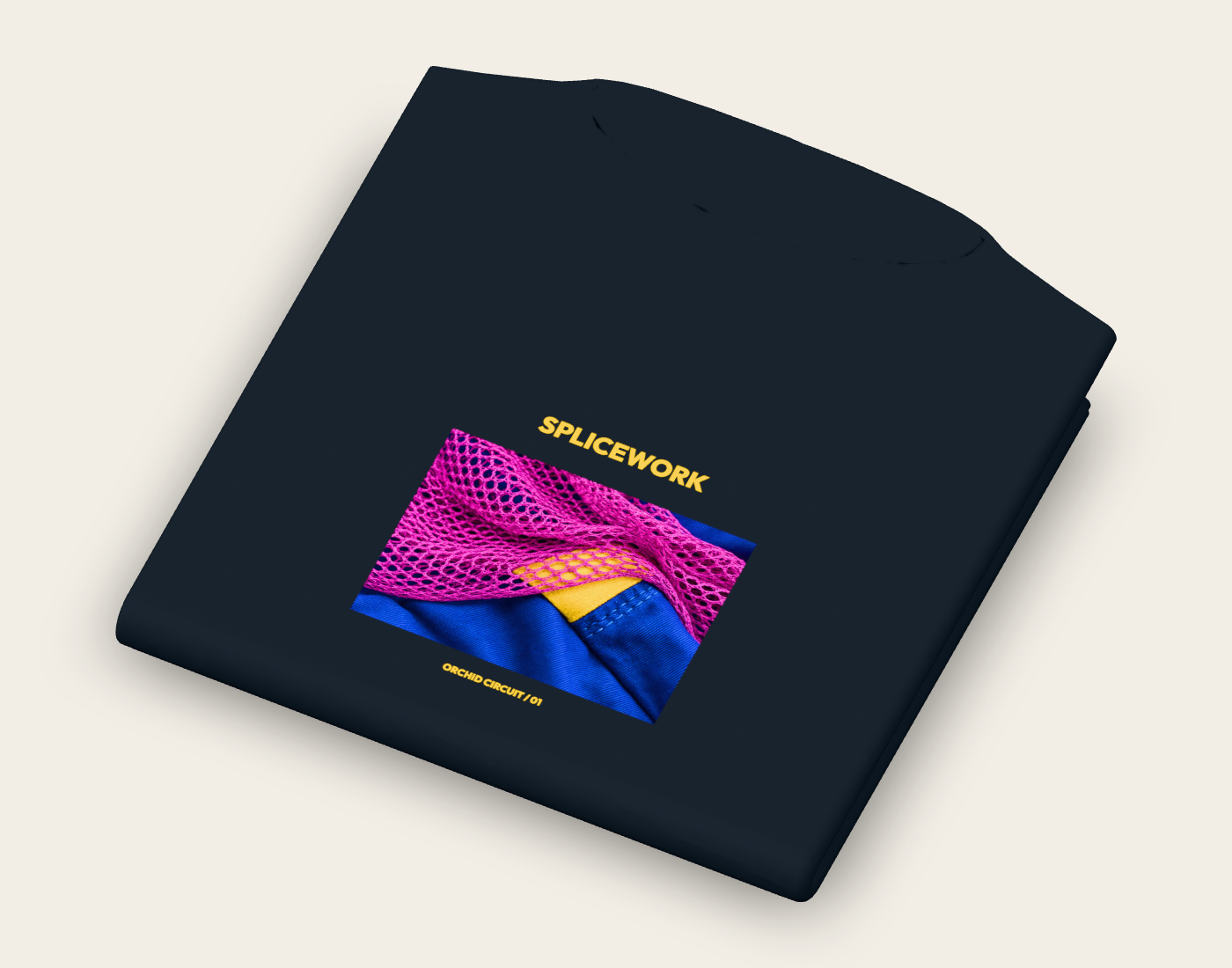 SPLICEWORK · Orchid Circuit, folded tee decoration reference: native three-quarter proof
