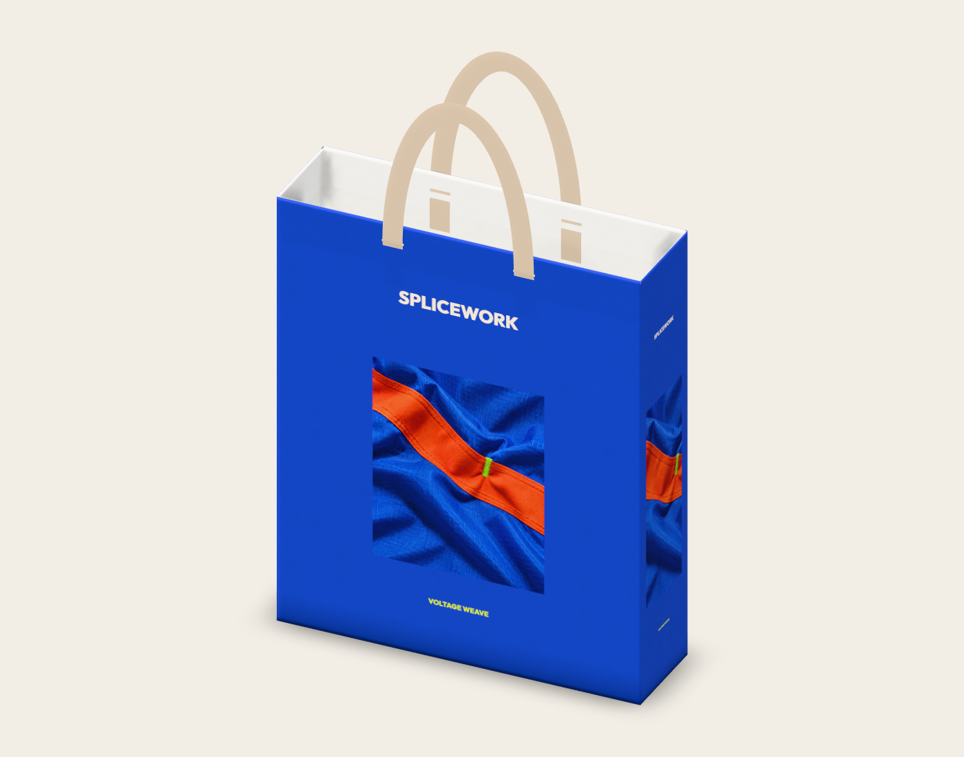 SPLICEWORK · Voltage Weave, ribbon-handle carry bag: native three-quarter proof