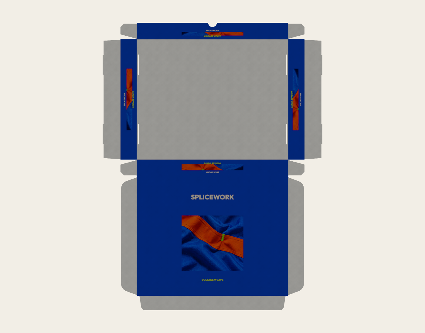 SPLICEWORK · Voltage Weave, coordinated structural mailer: native flat proof