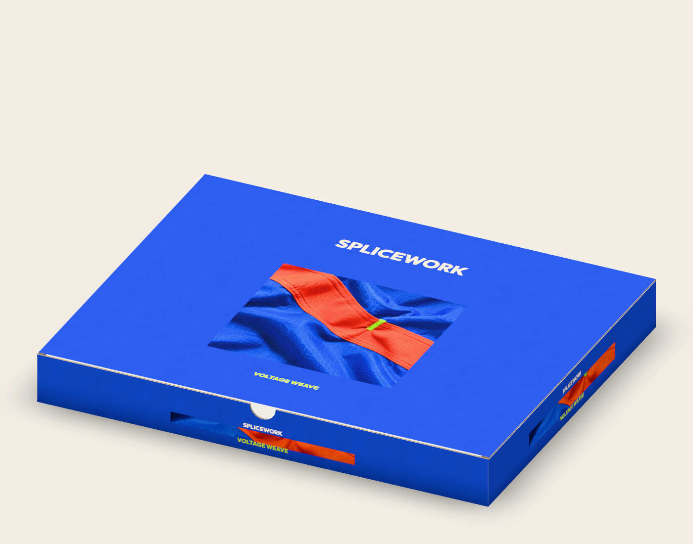 SPLICEWORK · Voltage Weave, coordinated structural mailer: native three-quarter proof
