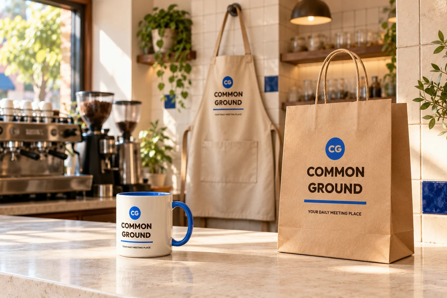 AI-generated COMMON GROUND café launch concept based on the original mug, apron and carry-bag artwork