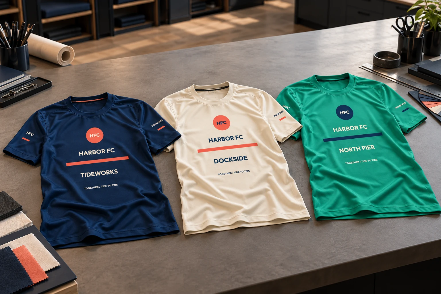 AI-generated HARBOR FC jersey launch concept based on the original team artwork in a sports design studio