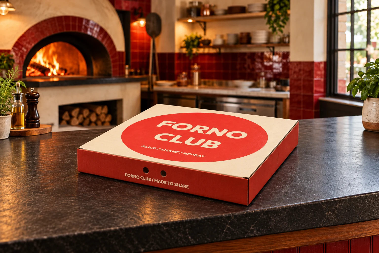 AI-generated FORNO CLUB pizza launch concept based on the original pizza-box artwork at a pizzeria counter