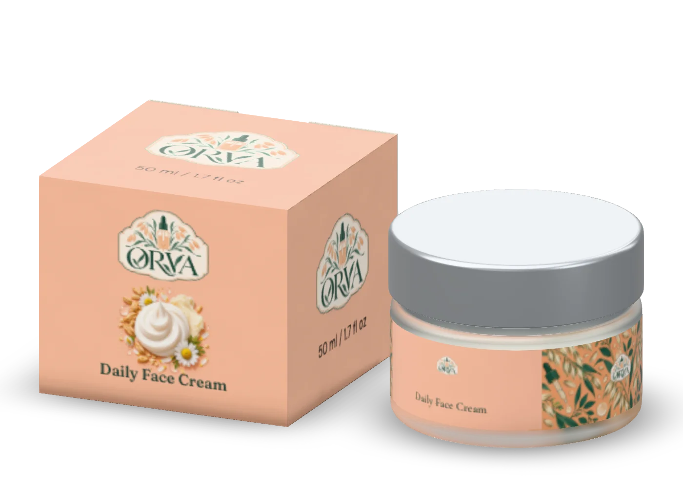 Native 3D render of the cream jar & carton with editable ORVA artwork