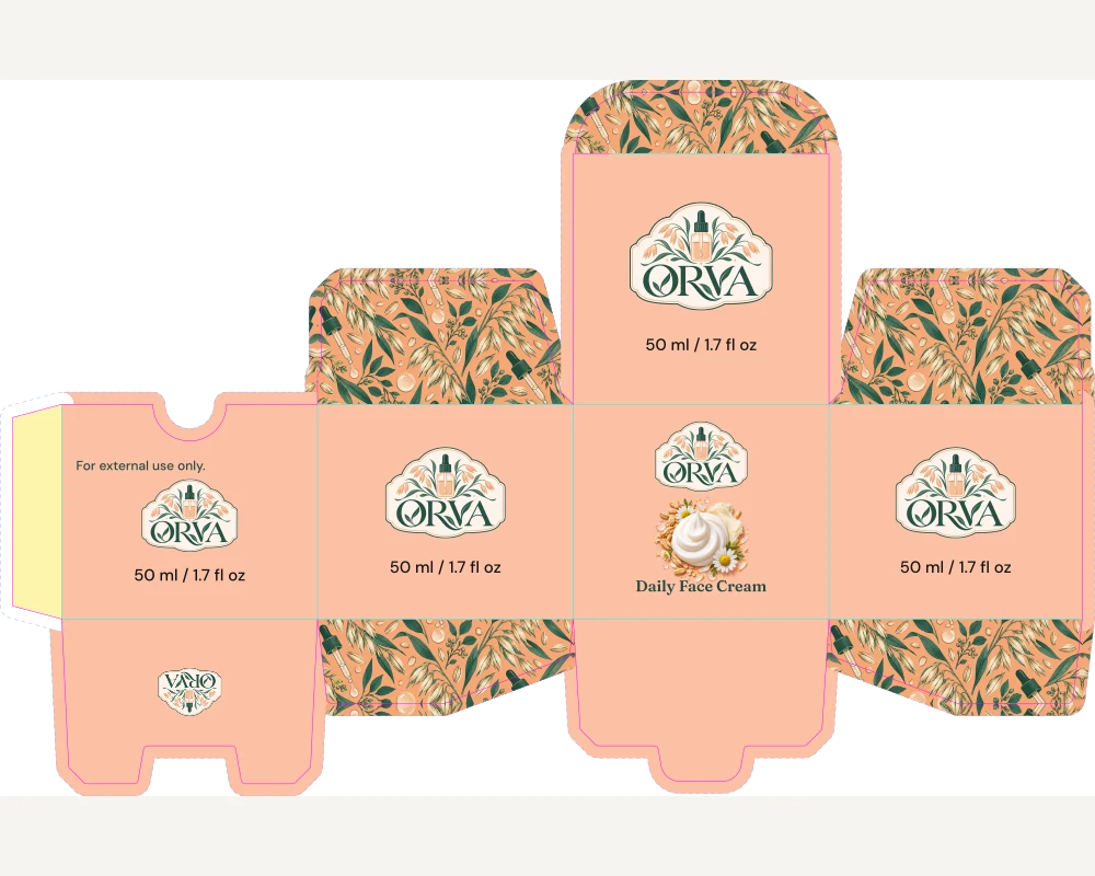 ORVA flat face cream carton artwork with cut and crease lines