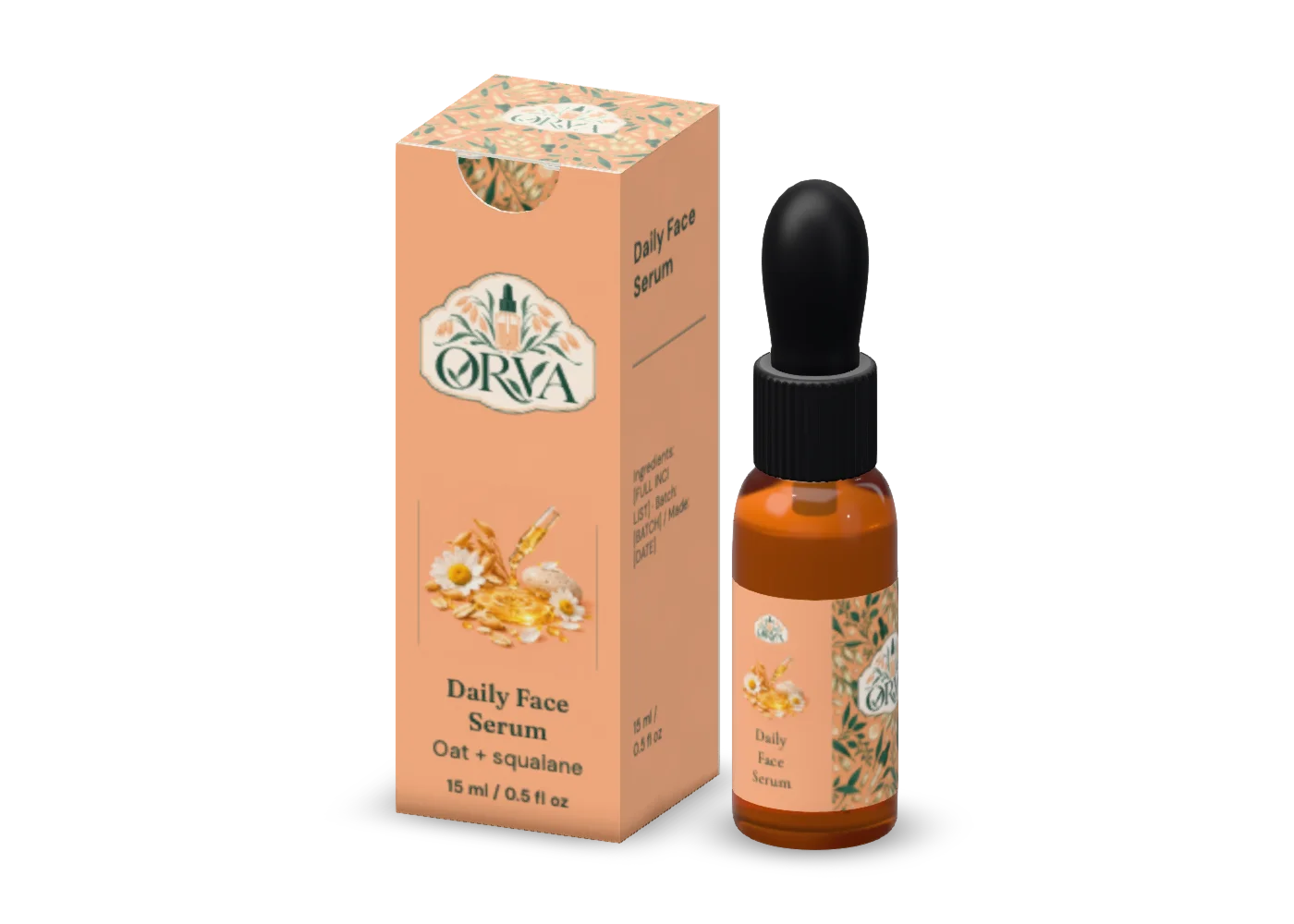 Native 3D render of the serum bottle & carton with editable ORVA artwork