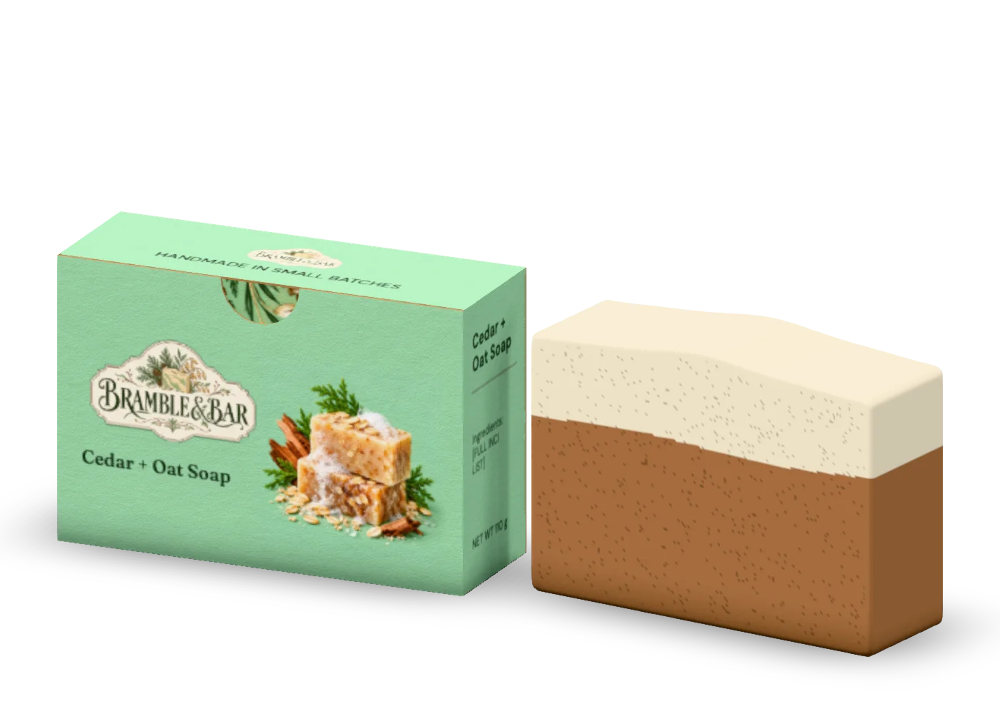 Native 3D render of the artisan soap & carton with editable Bramble artwork
