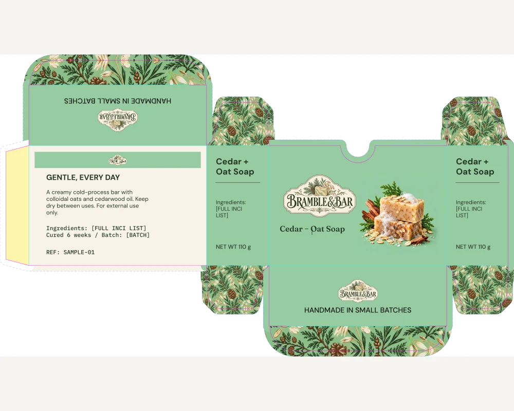 Bramble flat soap carton artwork with cut and crease lines