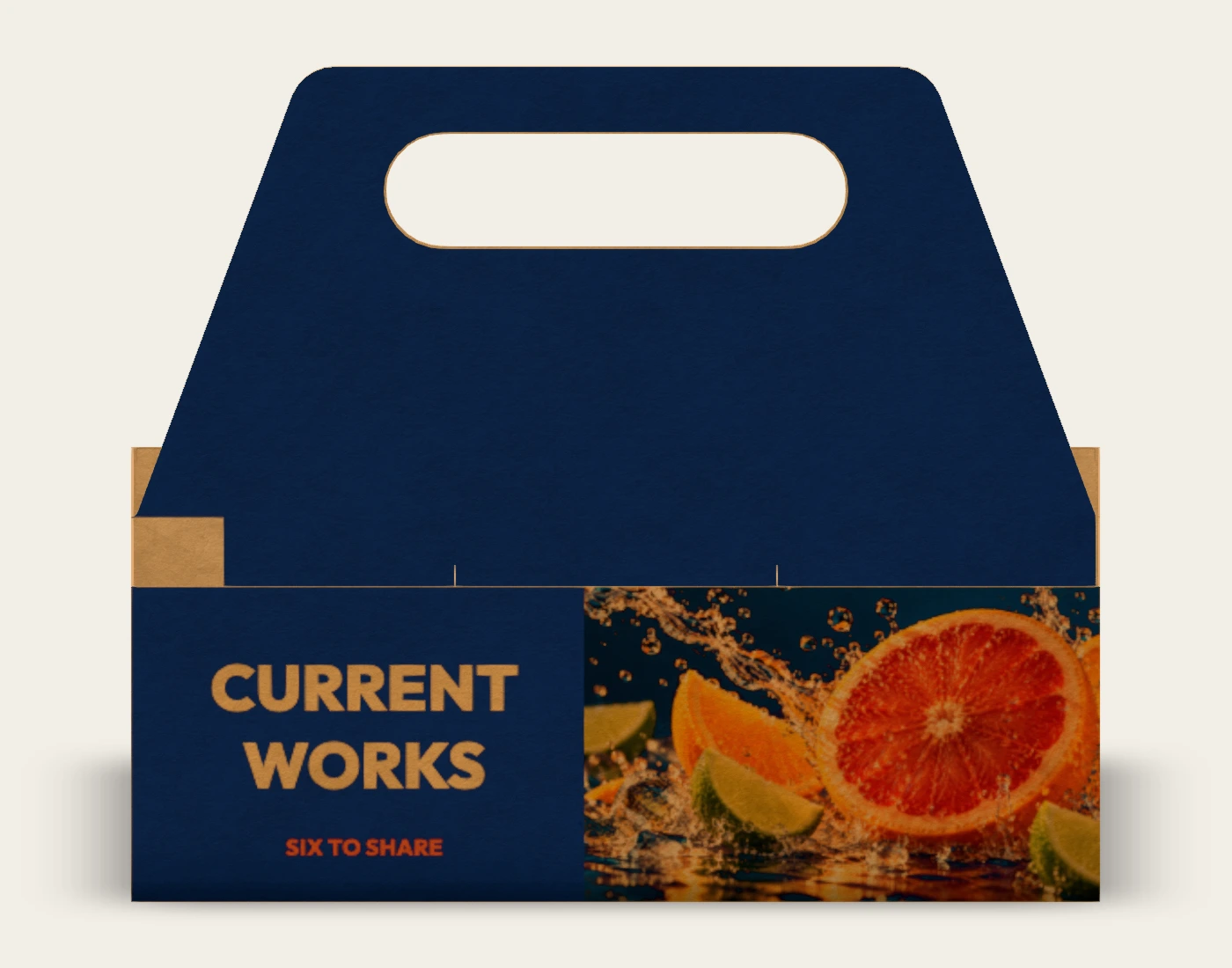CURRENT WORKS six-can paperboard carrier, front native proof