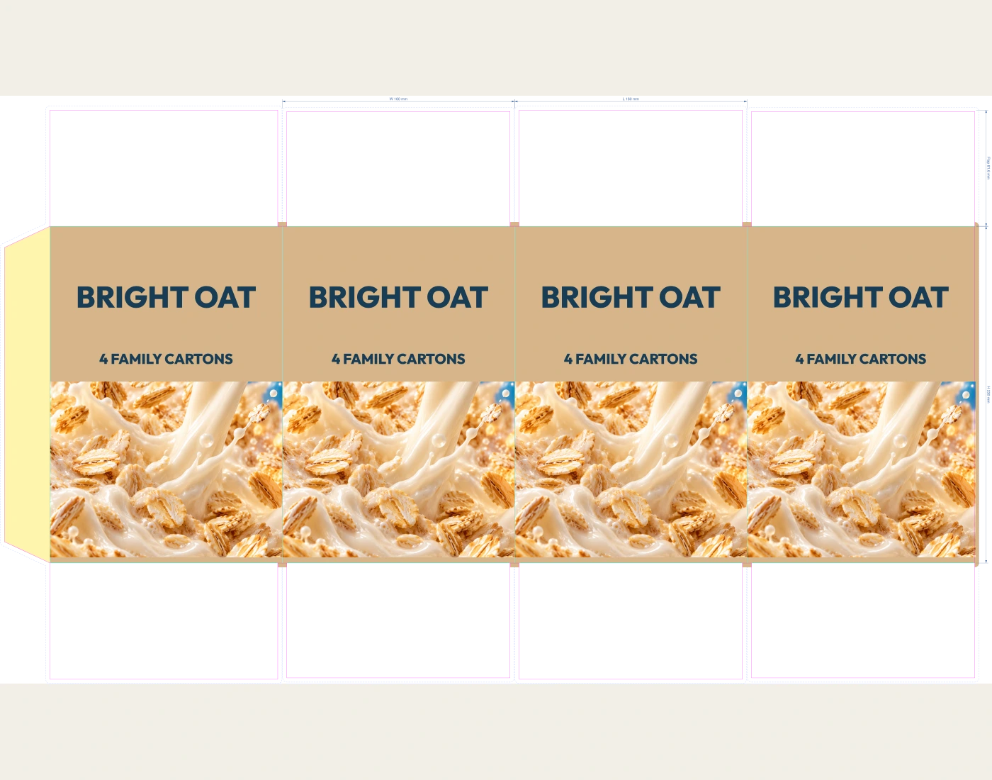 BRIGHT OAT four-carton shipping case, flat native proof