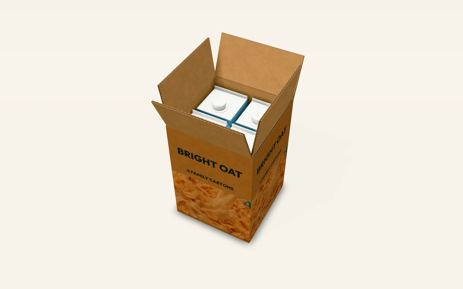 BRIGHT OAT: four family cartons in an open shipping case, native scene