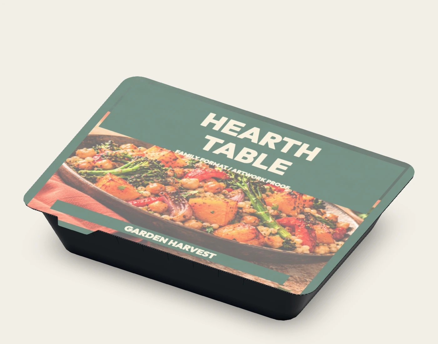HEARTH TABLE family tray · sealed view, three-quarter native proof