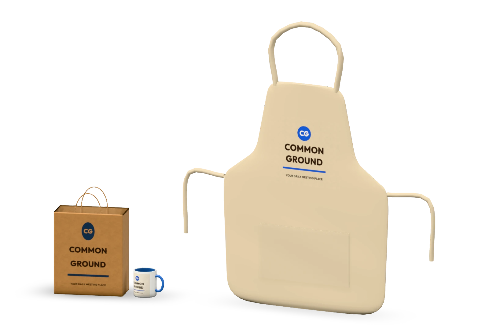 COMMON GROUND artwork on the exact native mug, apron and carry-bag models