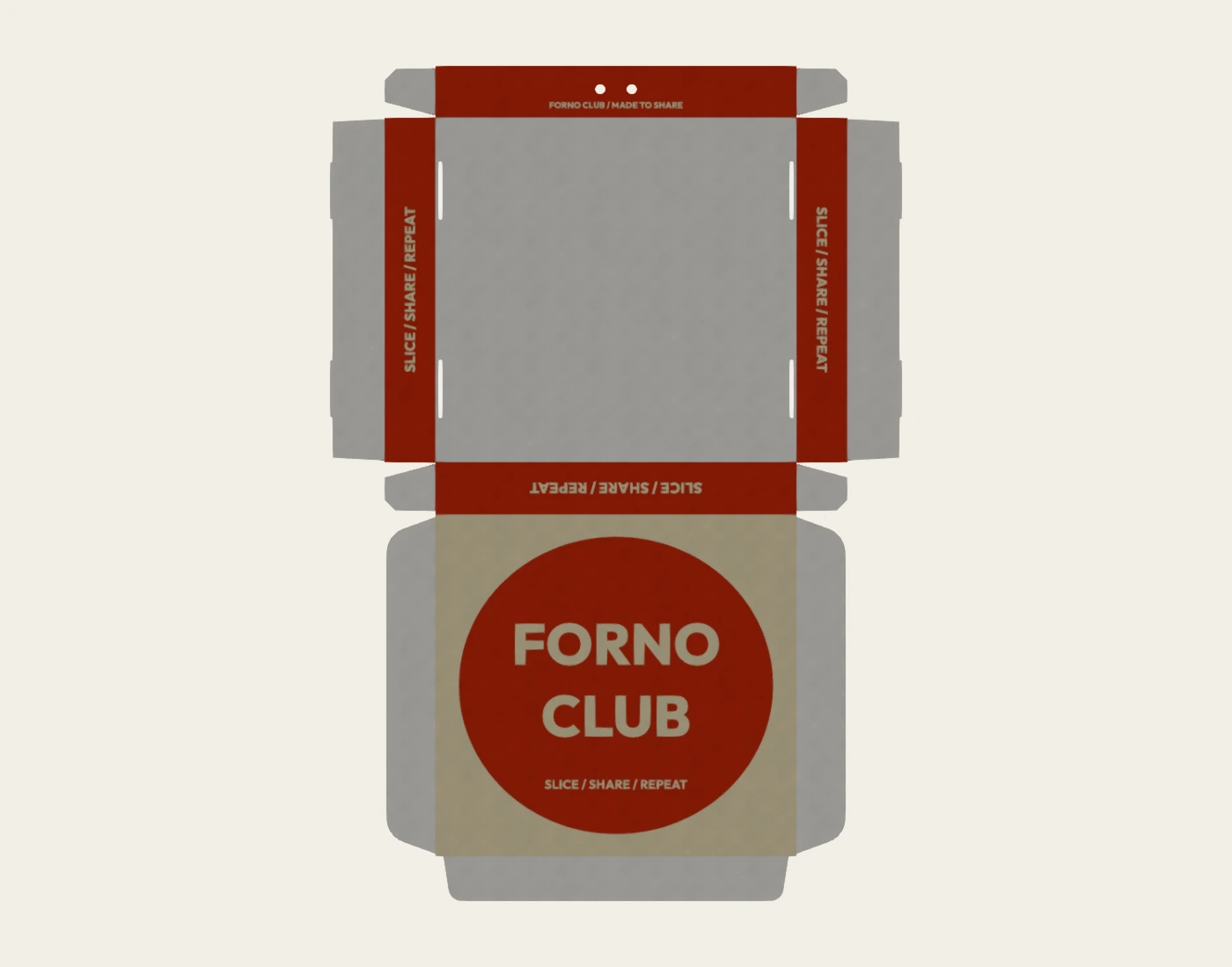 FORNO CLUB native flat pizza-box artwork showing lid, side walls and fold orientation